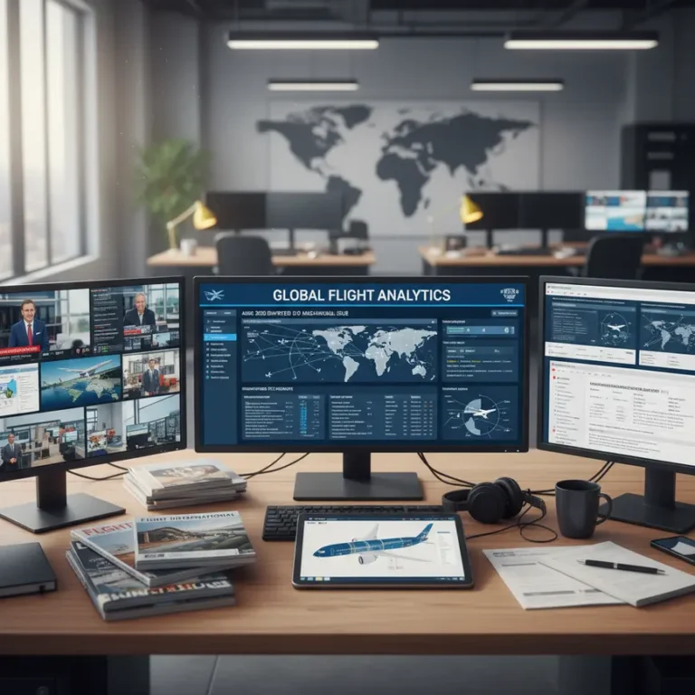 Professional newsroom desk with multiple monitors displaying aviation news analysis and flight incident reports
