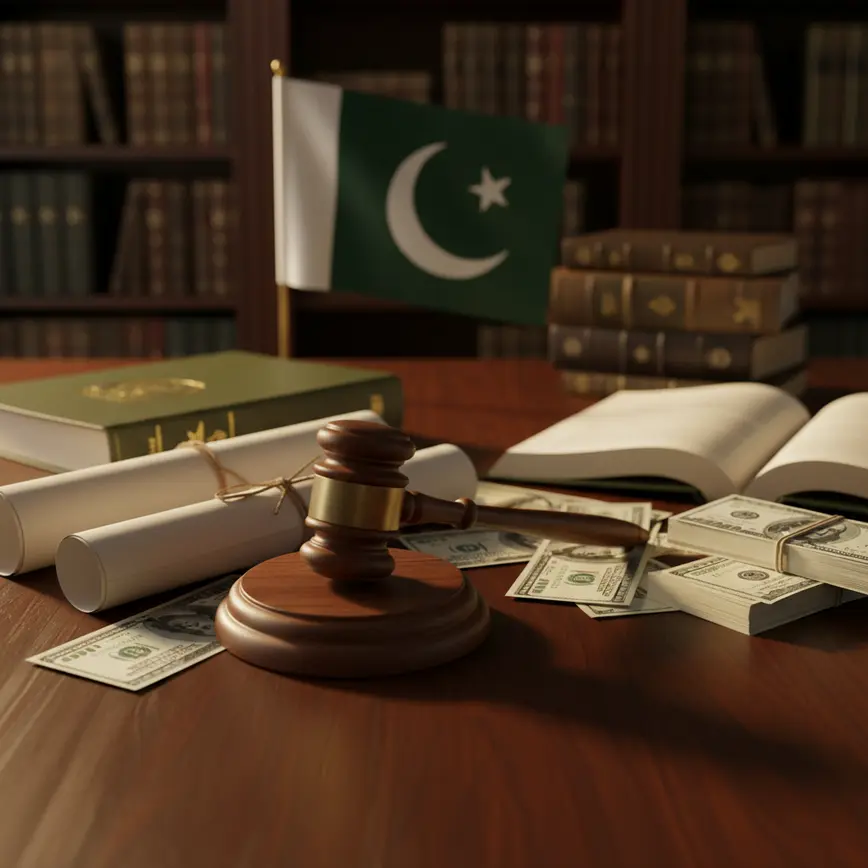 Gavel and legal documents with dollar bills representing Ayyan Ali money laundering case evidence