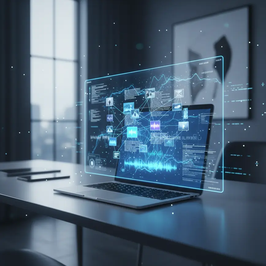 Holographic Gemini AI interface displaying multimodal data nodes with text, images, and audio visualizations on workspace