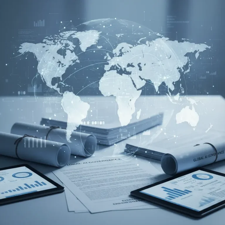 World map with digital AI regulation connections and circuit patterns alongside legal policy documents