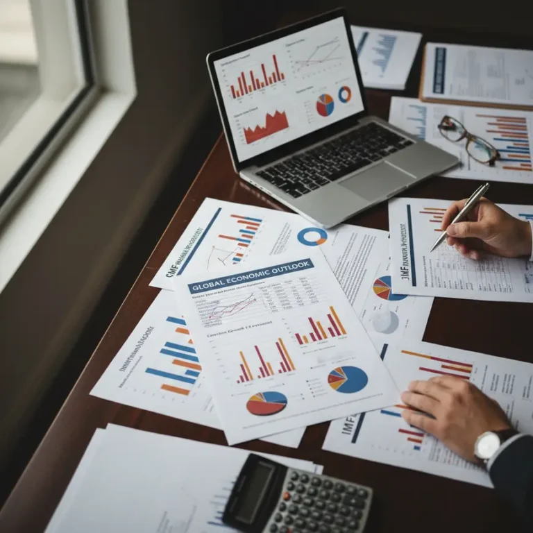 Financial analysis workspace with IMF corruption report documents and economic data charts