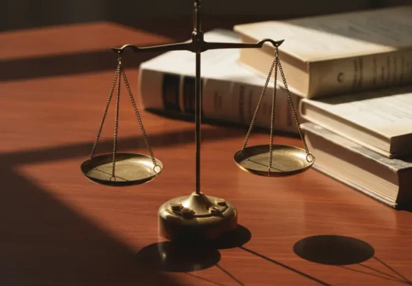 Brass scales of justice on wooden desk with Pakistani constitutional documents representing judicial independence