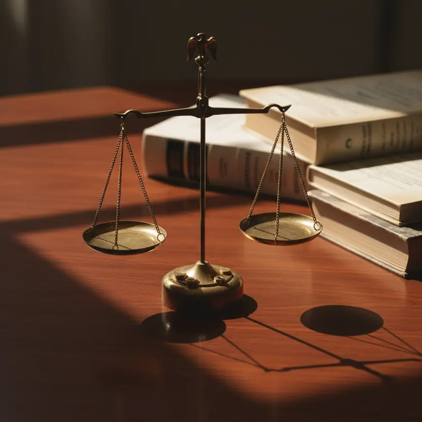 Brass scales of justice on wooden desk with Pakistani constitutional documents representing judicial independence