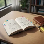 Open book with literary study notes and colorful tabs on wooden desk