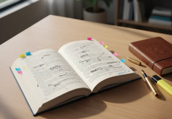 Open book with literary study notes and colorful tabs on wooden desk