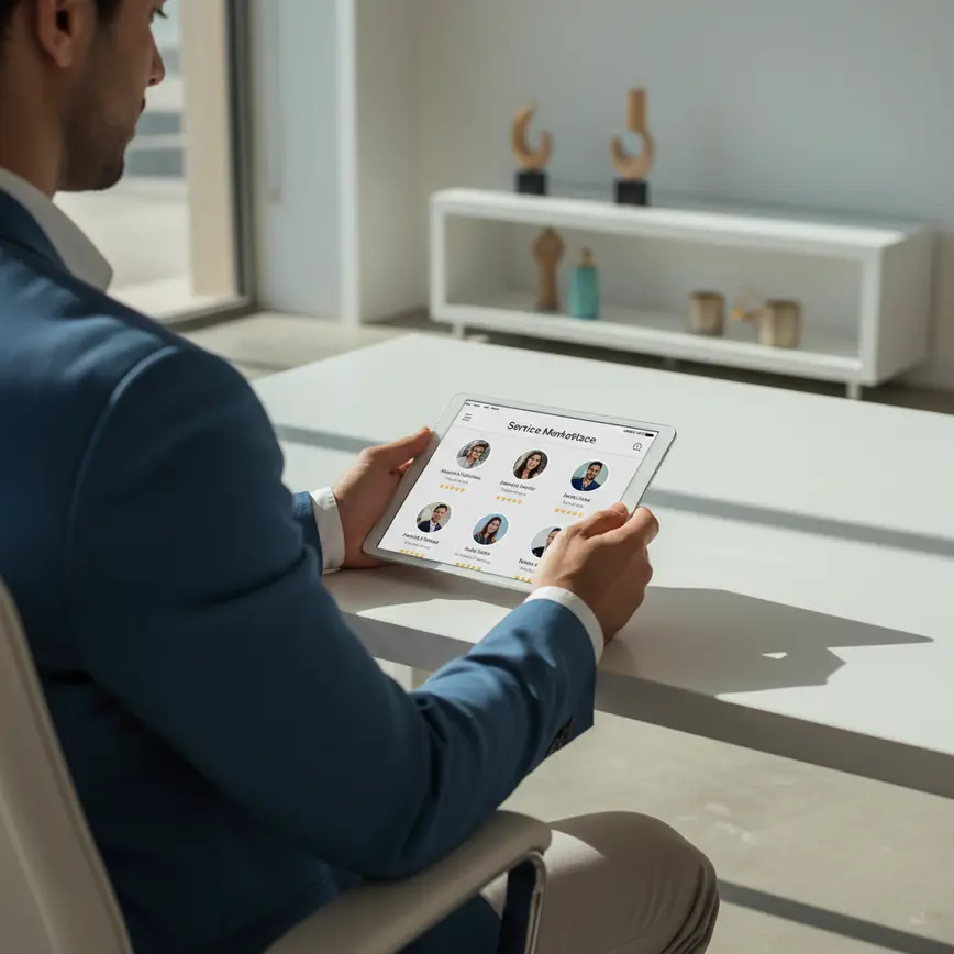 Professional reviewing service provider profiles on tablet in modern UAE office workspace