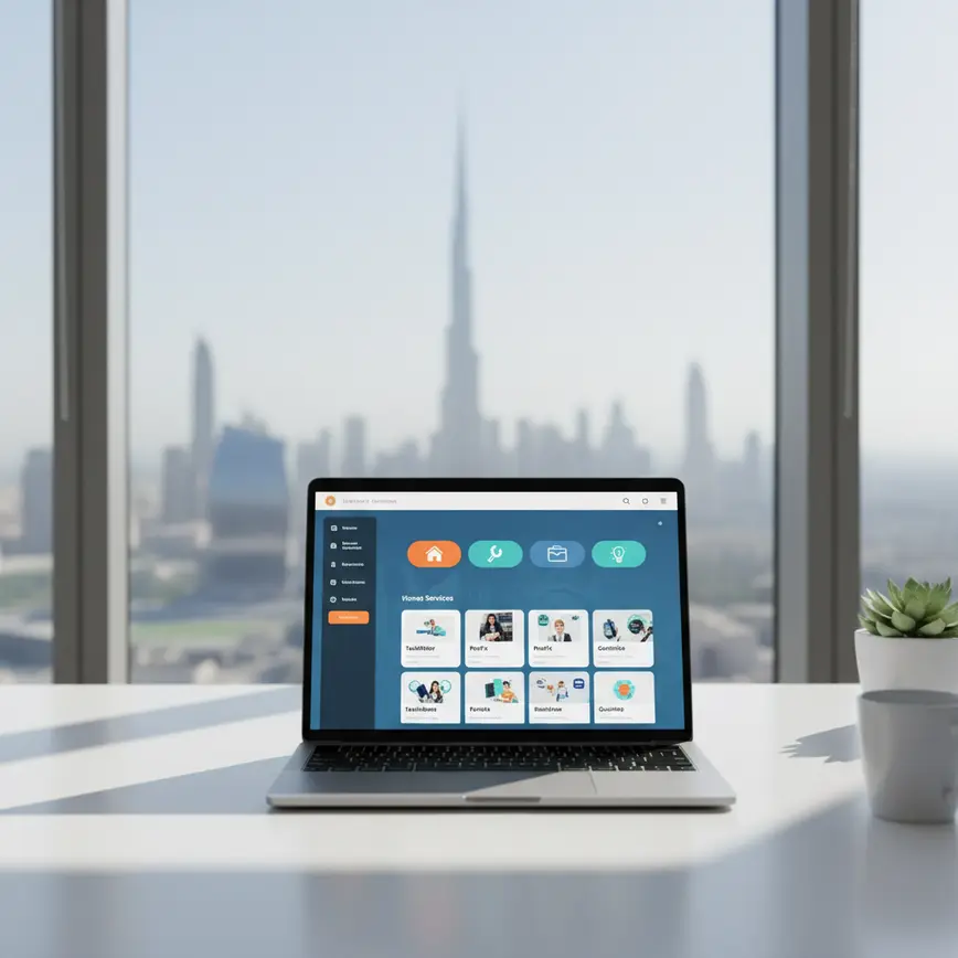 Laptop displaying UAE service marketplace platform with organized categories on clean professional workspace