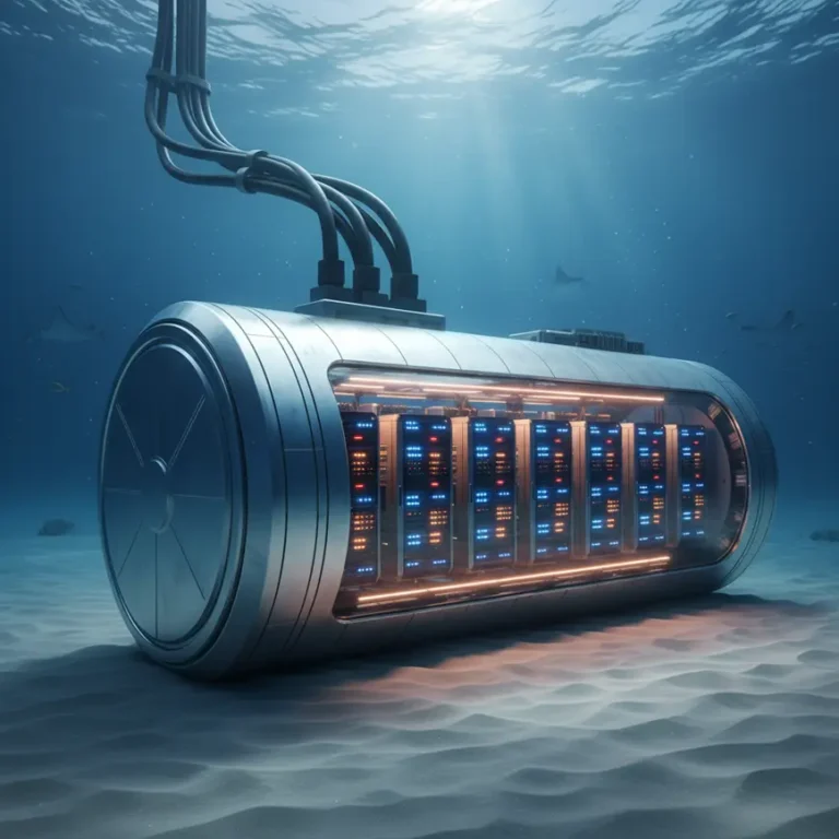 Underwater data center module on ocean floor with server racks and submarine cables