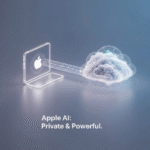 A futuristic digital art image showing a secure, glowing data conduit connecting a minimalist Apple device to an ethereal cloud, symbolizing Apple's Private Cloud Compute and on-device AI privacy strategy.