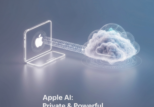 A futuristic digital art image showing a secure, glowing data conduit connecting a minimalist Apple device to an ethereal cloud, symbolizing Apple's Private Cloud Compute and on-device AI privacy strategy.