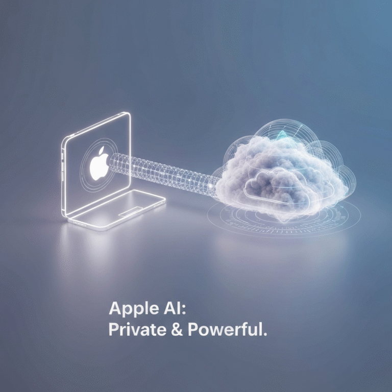 A futuristic digital art image showing a secure, glowing data conduit connecting a minimalist Apple device to an ethereal cloud, symbolizing Apple's Private Cloud Compute and on-device AI privacy strategy.