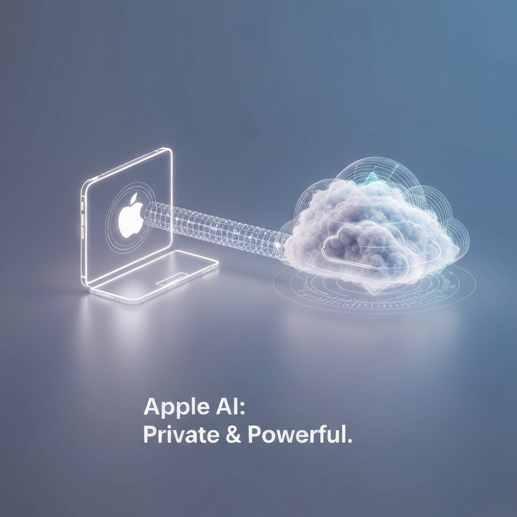 A futuristic digital art image showing a secure, glowing data conduit connecting a minimalist Apple device to an ethereal cloud, symbolizing Apple's Private Cloud Compute and on-device AI privacy strategy.