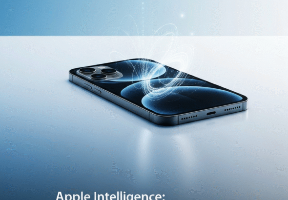 A sleek iPhone 15 Pro with glowing digital patterns emanating from its screen, symbolizing Apple Intelligence. The headline "Apple Intelligence: Your Personal AI." is overlaid. This image illustrates "What Is Apple Intelligence? A Comprehensive Guide to Apple's AI System."