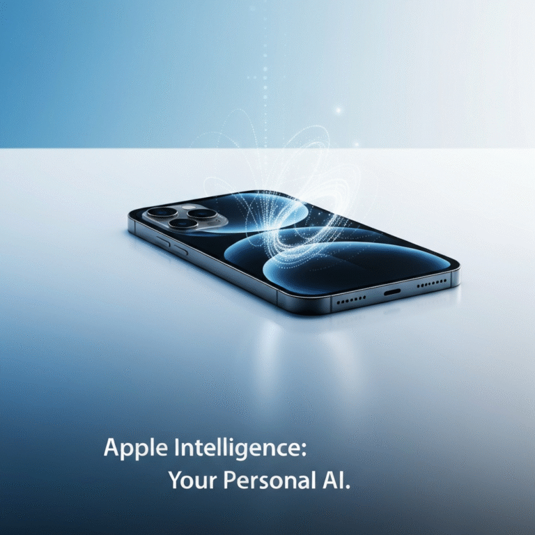 A sleek iPhone 15 Pro with glowing digital patterns emanating from its screen, symbolizing Apple Intelligence. The headline "Apple Intelligence: Your Personal AI." is overlaid. This image illustrates "What Is Apple Intelligence? A Comprehensive Guide to Apple's AI System."