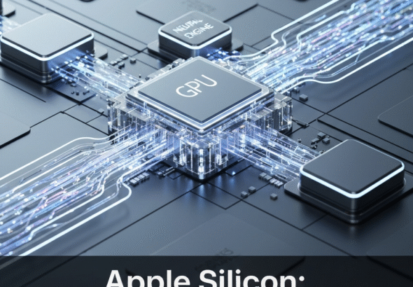 A conceptual, futuristic image depicting the internal architecture of Apple Silicon, showing glowing neural pathways and interconnected processing units (CPU, GPU, Neural Engine) seamlessly flowing data through a transparent unified memory structure. The image represents "Apple Silicon's AI Edge: A Deep Dive into Neural Engine Performance," highlighting on-device AI efficiency.