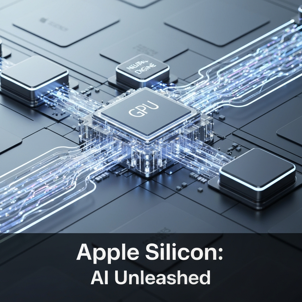 A conceptual, futuristic image depicting the internal architecture of Apple Silicon, showing glowing neural pathways and interconnected processing units (CPU, GPU, Neural Engine) seamlessly flowing data through a transparent unified memory structure. The image represents "Apple Silicon's AI Edge: A Deep Dive into Neural Engine Performance," highlighting on-device AI efficiency.