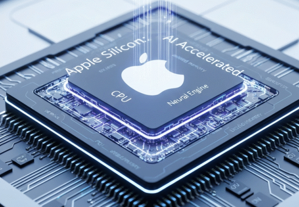 A close-up, futuristic image of a stylized Apple Silicon chip, showcasing interconnected CPU, GPU, and Neural Engine components with glowing pathways, representing its integrated architecture for on-device machine learning. The headline "Apple Silicon: AI Accelerated" is overlaid. This image illustrates "Apple Silicon's AI Accelerators: A Developer's Guide to On-Device Machine Learning."