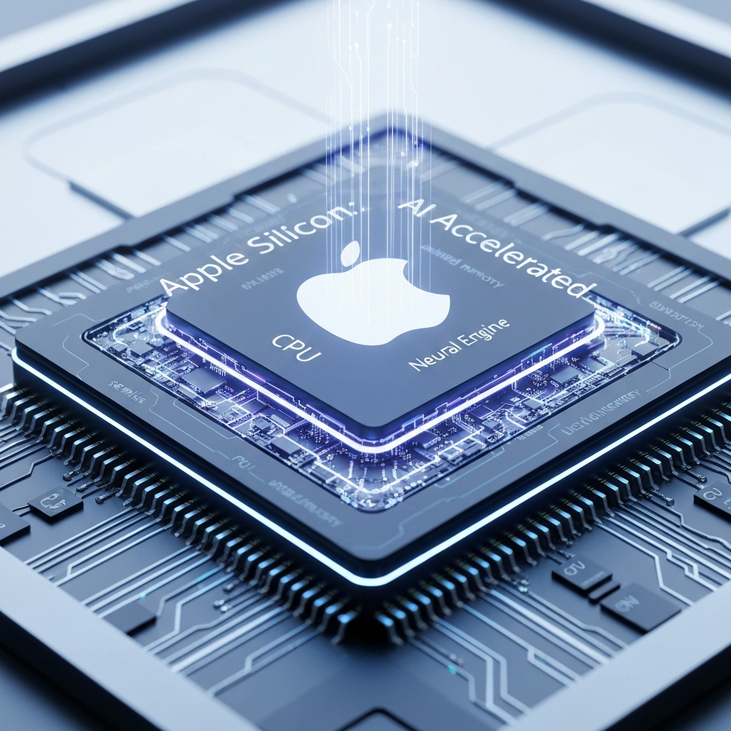 A close-up, futuristic image of a stylized Apple Silicon chip, showcasing interconnected CPU, GPU, and Neural Engine components with glowing pathways, representing its integrated architecture for on-device machine learning. The headline "Apple Silicon: AI Accelerated" is overlaid. This image illustrates "Apple Silicon's AI Accelerators: A Developer's Guide to On-Device Machine Learning."