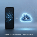 A visual representation of Apple's hybrid AI strategy, showing a smartphone connected to a secure, abstract cloud, with the headline 'Apple AI: Local Power, Cloud Privacy'. This image illustrates the balance between on-device AI and Private Cloud Compute as explained in the article 'On-Device AI vs. Private Cloud Compute: Apple's Hybrid Strategy Explained'.