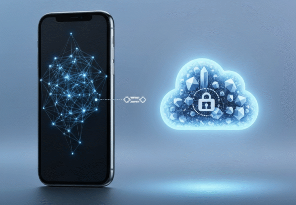 A visual representation of Apple's hybrid AI strategy, showing a smartphone connected to a secure, abstract cloud, with the headline 'Apple AI: Local Power, Cloud Privacy'. This image illustrates the balance between on-device AI and Private Cloud Compute as explained in the article 'On-Device AI vs. Private Cloud Compute: Apple's Hybrid Strategy Explained'.