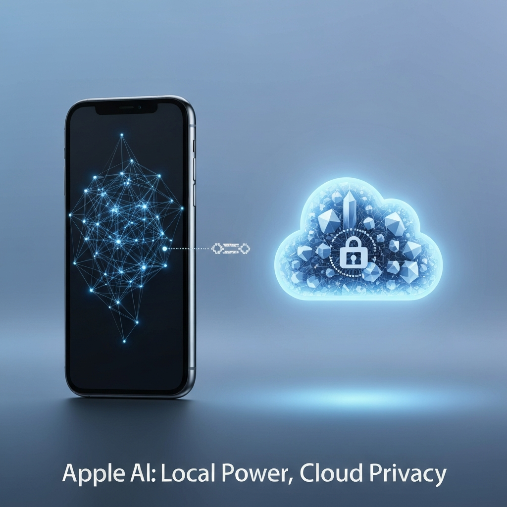 A visual representation of Apple's hybrid AI strategy, showing a smartphone connected to a secure, abstract cloud, with the headline 'Apple AI: Local Power, Cloud Privacy'. This image illustrates the balance between on-device AI and Private Cloud Compute as explained in the article 'On-Device AI vs. Private Cloud Compute: Apple's Hybrid Strategy Explained'.