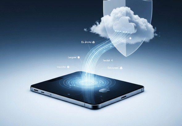 A visual representation of Apple's hybrid AI strategy, showing a sleek Apple device (iPhone or MacBook) connected to a secure, abstract cloud, with data streams emphasizing privacy and performance. Illustrates "On-Device AI vs. Cloud AI: Apple's Privacy & Performance Strategy Explained."