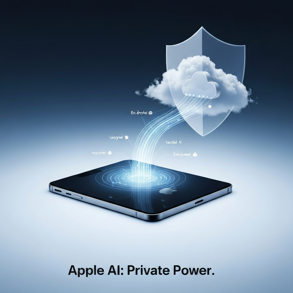 A visual representation of Apple's hybrid AI strategy, showing a sleek Apple device (iPhone or MacBook) connected to a secure, abstract cloud, with data streams emphasizing privacy and performance. Illustrates "On-Device AI vs. Cloud AI: Apple's Privacy & Performance Strategy Explained."