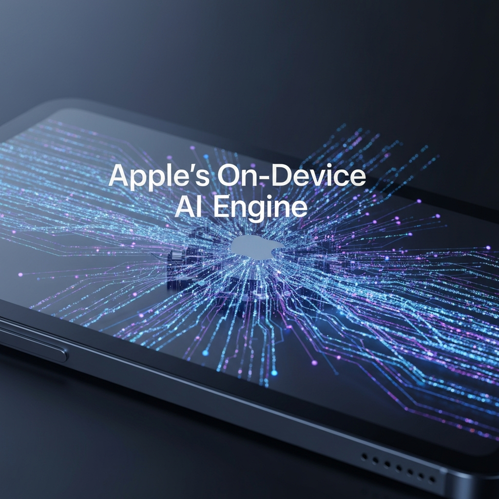 A futuristic, abstract image showing glowing neural network pathways and data streams emanating from the core of a sleek, unbranded device, symbolizing the Apple Neural Engine. The text 'Apple's On-Device AI Engine' is overlaid. This image illustrates 'What Is the Apple Neural Engine? A Simple Guide to On-Device AI', highlighting its role as the specialized processor for on-device artificial intelligence and machine learning tasks.