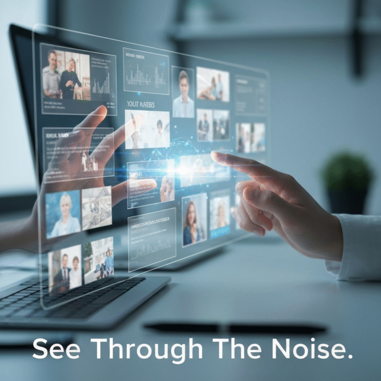 Hands interacting with a holographic digital interface, showing clear and distorted news elements, representing the challenge of spotting fake news and developing media literacy.