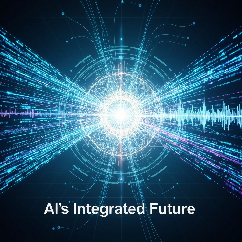 A futuristic digital illustration showing various abstract data streams (representing text, image, and audio) converging into a central, glowing AI core, with the headline 'AI's Integrated Future' overlaid. This image visually represents the integration of different modalities in AI, as explained in 'What is Multimodal AI? A Complete Guide for Engineers'.