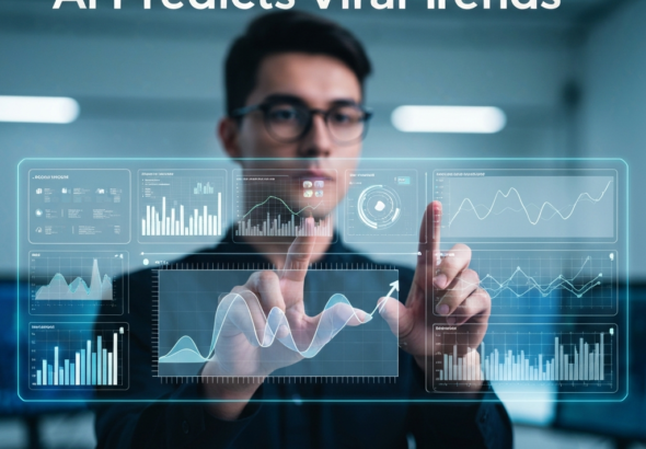 A person interacting with a futuristic holographic display showing data analytics and a clear upward trend line, symbolizing AI-powered social listening tools predicting viral trends, for an article on the best social listening tools.