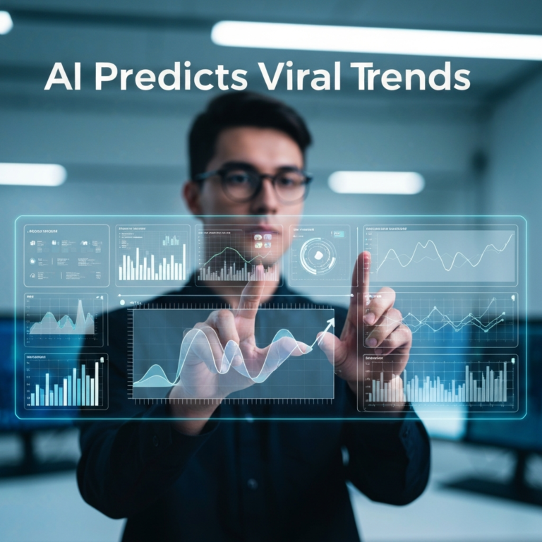 A person interacting with a futuristic holographic display showing data analytics and a clear upward trend line, symbolizing AI-powered social listening tools predicting viral trends, for an article on the best social listening tools.