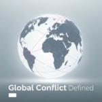 An abstract digital illustration showing a stylized globe with red and blue interconnected lines representing international conflicts and resolutions, with the headline 'Global Conflict Defined'. This image visually represents the comprehensive guide to understanding international conflicts in 2025.