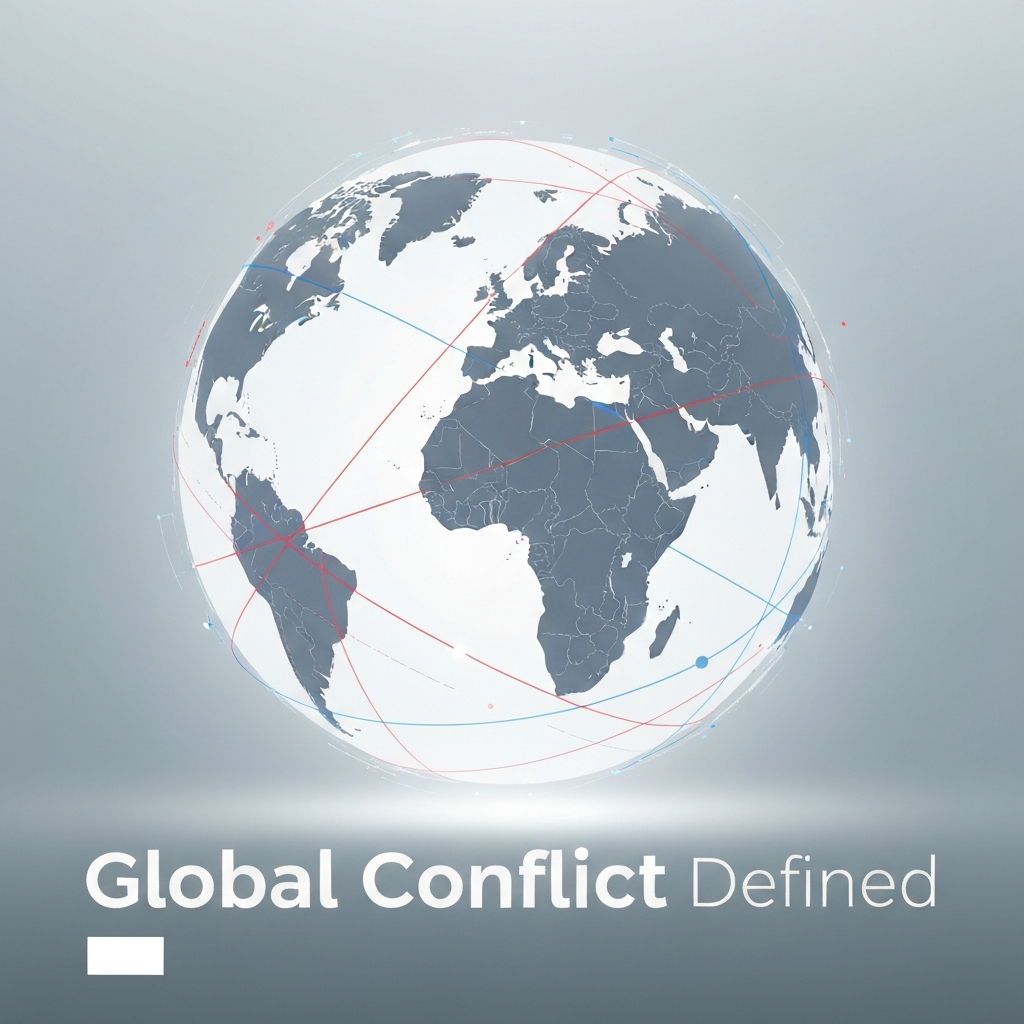 An abstract digital illustration showing a stylized globe with red and blue interconnected lines representing international conflicts and resolutions, with the headline 'Global Conflict Defined'. This image visually represents the comprehensive guide to understanding international conflicts in 2025.