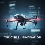 A sleek, advanced drone with glowing accents, hovering in a dynamic, digital battlefield environment, with the headline "CRUCIBLE OF INNOVATION" overlaid. This image visually represents "The Tech Crucible: How Ukraine's Battlefield Innovations Are Redefining Modern Warfare," highlighting the fusion of technology and conflict.