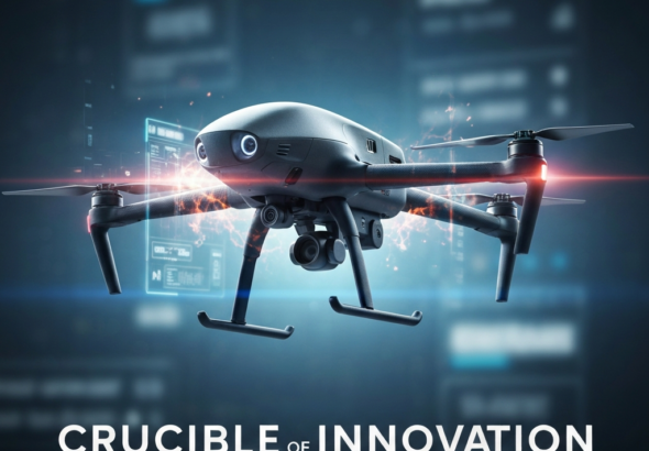 A sleek, advanced drone with glowing accents, hovering in a dynamic, digital battlefield environment, with the headline "CRUCIBLE OF INNOVATION" overlaid. This image visually represents "The Tech Crucible: How Ukraine's Battlefield Innovations Are Redefining Modern Warfare," highlighting the fusion of technology and conflict.