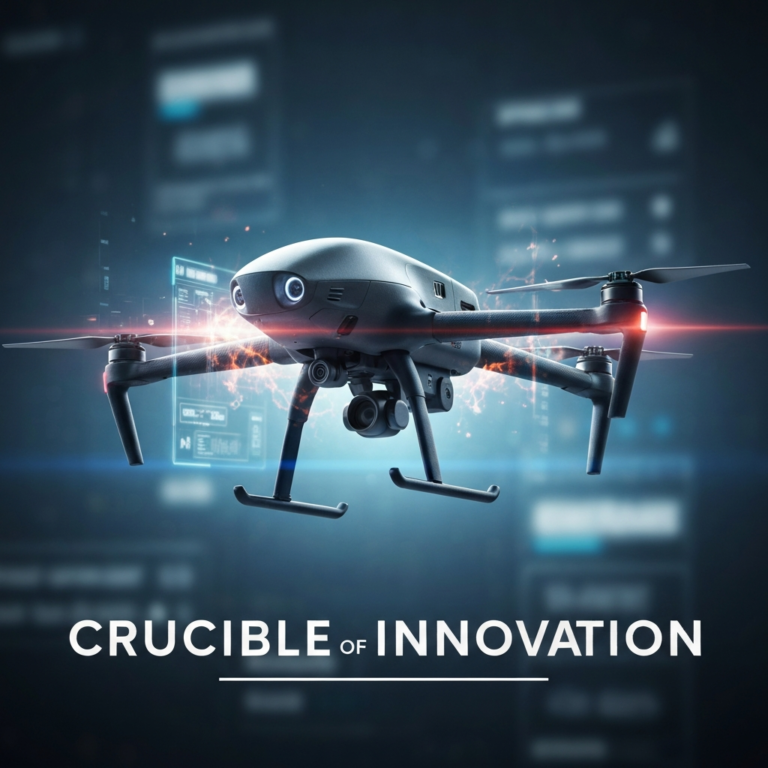 A sleek, advanced drone with glowing accents, hovering in a dynamic, digital battlefield environment, with the headline "CRUCIBLE OF INNOVATION" overlaid. This image visually represents "The Tech Crucible: How Ukraine's Battlefield Innovations Are Redefining Modern Warfare," highlighting the fusion of technology and conflict.