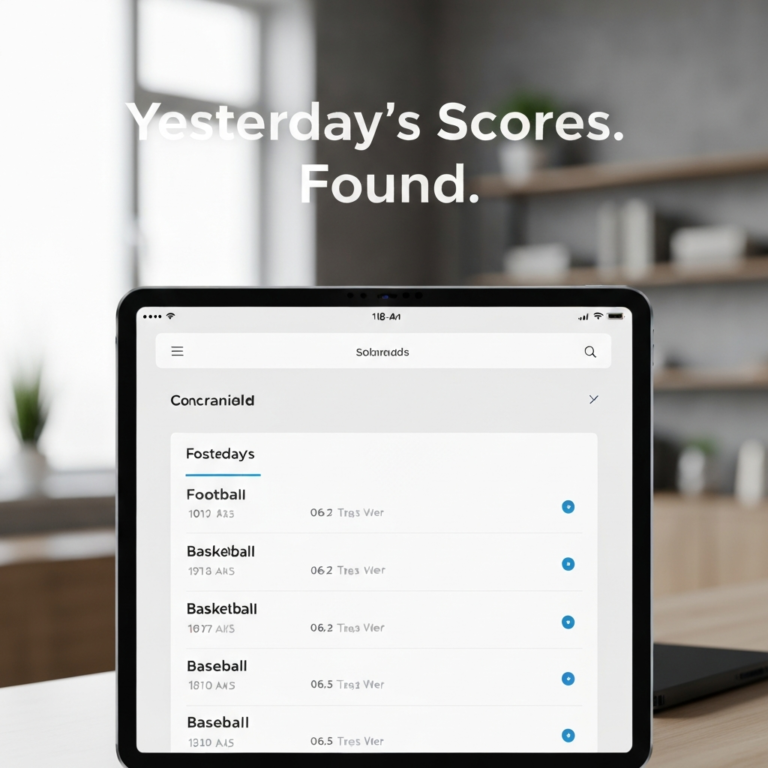 A sleek tablet displaying a clear, consolidated list of yesterday's football, basketball, and baseball scores, with the headline "Yesterday's Scores. Found." overlaid. The image visually represents a complete guide on where to find yesterday's football scores and other sports results.