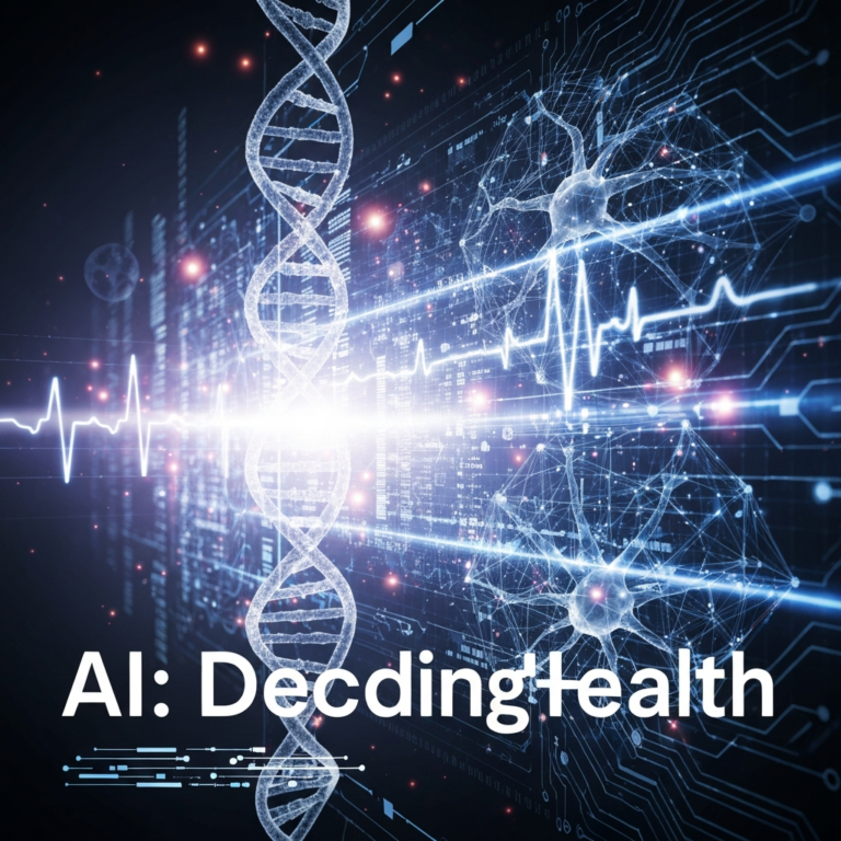 An abstract, high-tech image showing glowing digital patterns and medical data (like DNA and EKG waves) merging, symbolizing AI's role in disease prediction and diagnostics, with the headline "AI: Decoding Health".