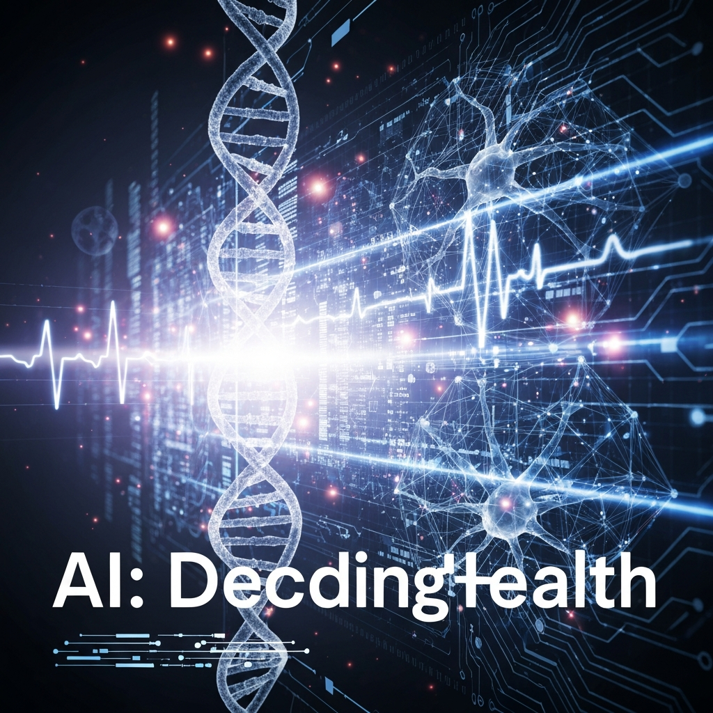 An abstract, high-tech image showing glowing digital patterns and medical data (like DNA and EKG waves) merging, symbolizing AI's role in disease prediction and diagnostics, with the headline "AI: Decoding Health".