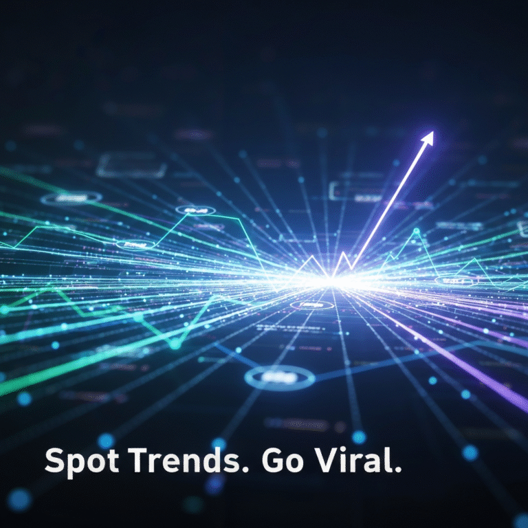 Abstract digital art showing glowing trend lines emerging from complex social media data streams, representing the early detection of viral trends. Image for "How to Spot Social Media Trends Before They Go Viral: A 2024 Guide".
