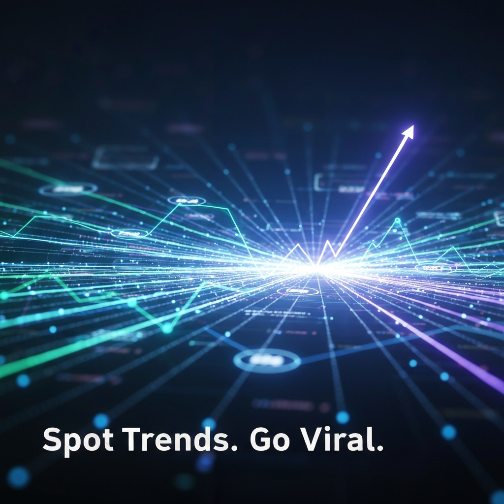 Abstract digital art showing glowing trend lines emerging from complex social media data streams, representing the early detection of viral trends. Image for "How to Spot Social Media Trends Before They Go Viral: A 2024 Guide".