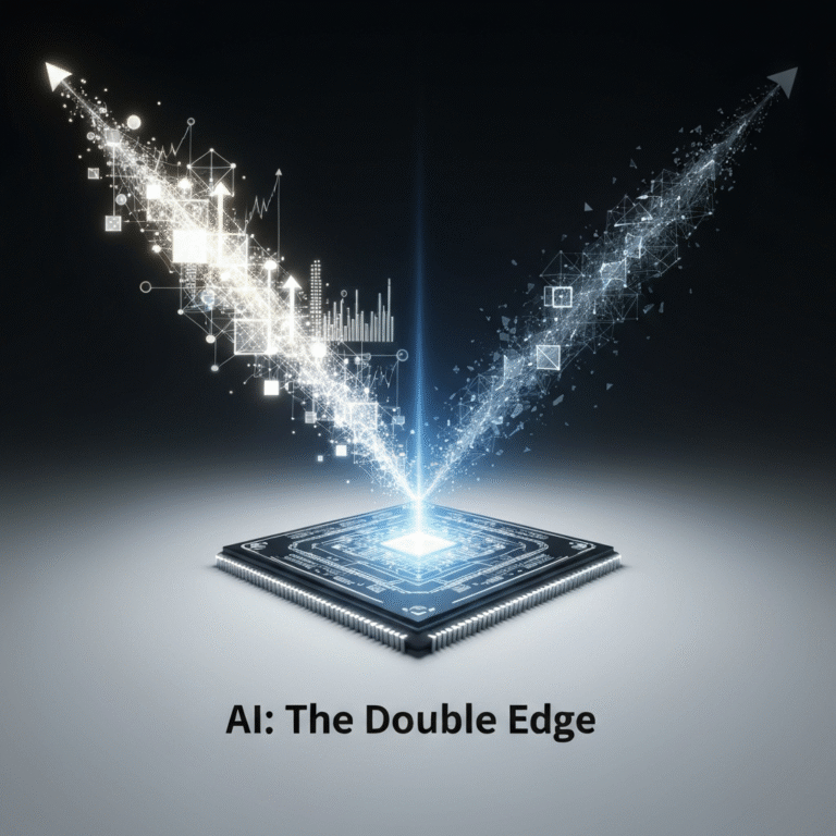 A conceptual digital artwork depicting a glowing AI neural network at the center, with two contrasting energy streams diverging from it. One stream is bright and ascending, symbolizing productivity and growth, while the other is darker and descending, representing inequality and displacement. The image illustrates AI's economic impact as a double-edged sword, balancing progress with challenges.