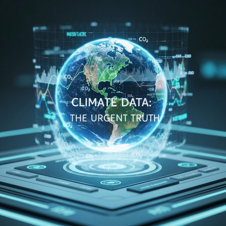 A holographic projection of Earth overlaid with climate data visualizations like rising temperature graphs and CO2 levels, with the headline "Climate Data: The Urgent Truth," illustrating the key findings of the latest government climate reports for 2024-2025.