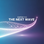A conceptual digital illustration showing glowing data waves symbolizing emerging trends, with the headline "Catch the Next Wave" overlaid. The image visually represents how to find trending topics for content creators.
