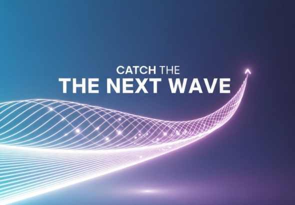 A conceptual digital illustration showing glowing data waves symbolizing emerging trends, with the headline "Catch the Next Wave" overlaid. The image visually represents how to find trending topics for content creators.