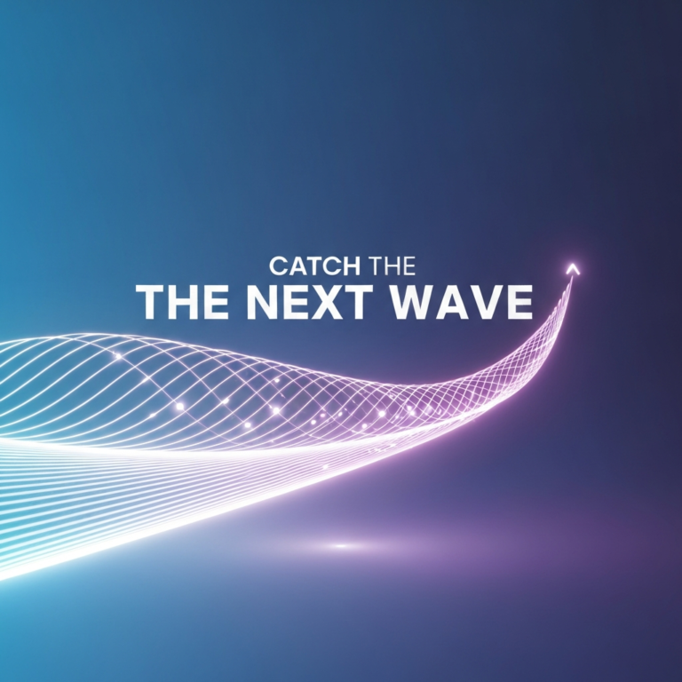 A conceptual digital illustration showing glowing data waves symbolizing emerging trends, with the headline "Catch the Next Wave" overlaid. The image visually represents how to find trending topics for content creators.